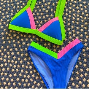 ONEONE SWIMWEAR blue green pink bikini, xs top and bottoms, great condition
